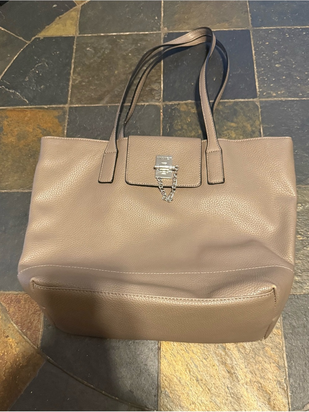 Nine West Taupe Pebbled Leather Tote with Chain-Accent Lock
